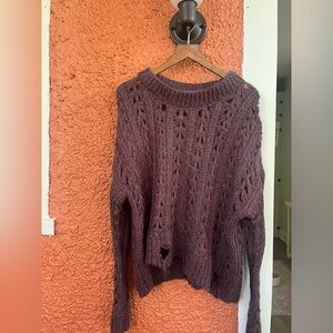 Altard State Womens Small Sweater Plum Distressed Open Knit Long Sleeve Pullover